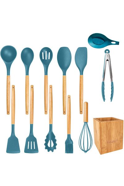 Bukate Set 13 Ustensile Bucatarie, Bukate®, Lemn/Silicon, Suport Inox, Antiaderente, Termorezistente