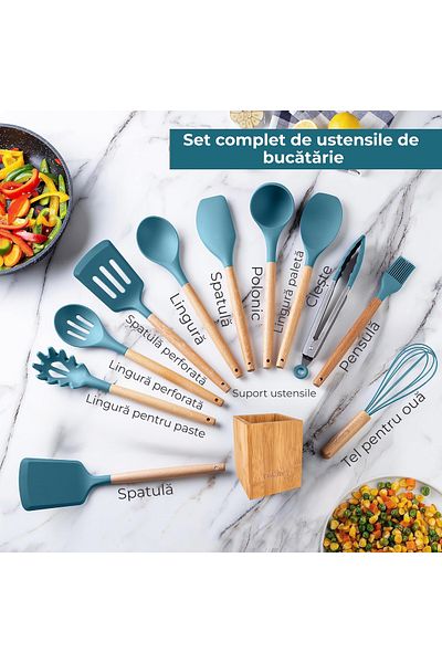 Bukate Set 13 Ustensile Bucatarie, Bukate®, Lemn/Silicon, Suport Inox, Antiaderente, Termorezistente
