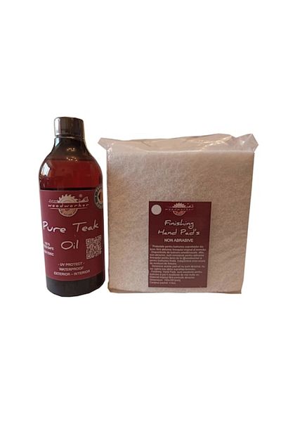 woodworker Kit intretinere Prep’N'Shine-Pure Teak Oil & Hand Pad’s Non Abraziv, 500 ml