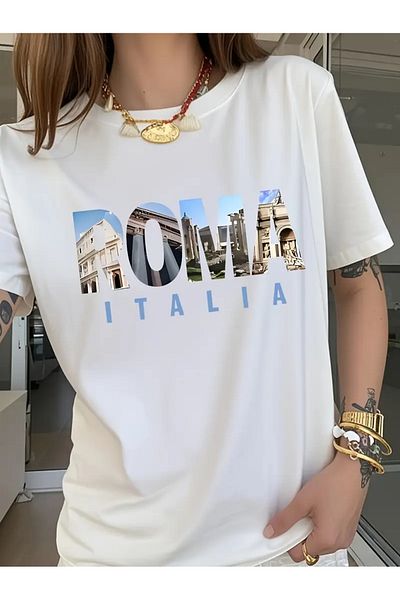 Pink Sky Cotton Oversize Roma Italia Printed Short Sleeve Crew Neck Comfortable Casual T-Shirt