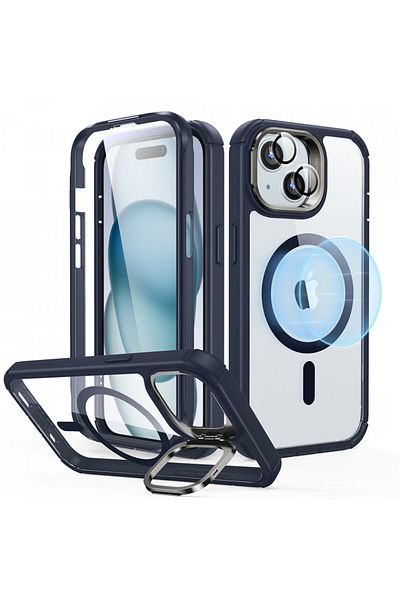 ESR Husă iPhone 15 Plus + Folie - ESR Armor Tough Kickstand HaloLock - Albastru Închis Transparent