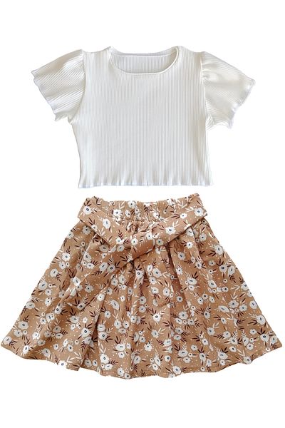 MODA59 Girl's Skirt Suit, Light Brown Floral Skirt - Ecru Corded Crop