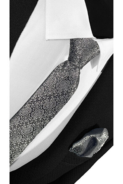 BLC Basic Line Co. Γκρι Vintage μοτίβο μικροΐνες γραβάτα και μαντήλι σε μαύρο φόντο - 7 cm μοντέρνα κοπή