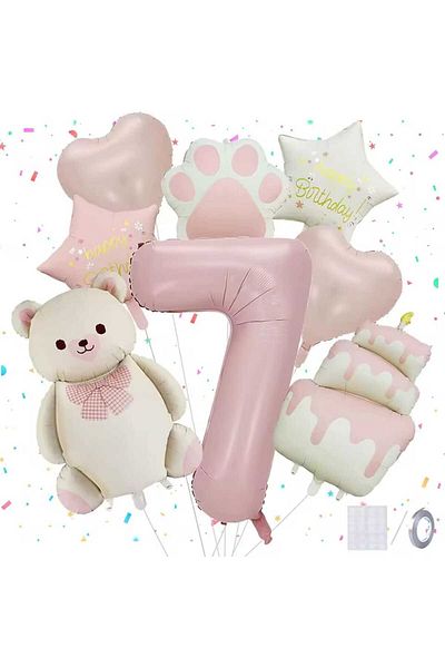 DÜVENCİ TİCARET Cream Bear Paw Cake Birthday Age Balloon Set with Foil Balloons