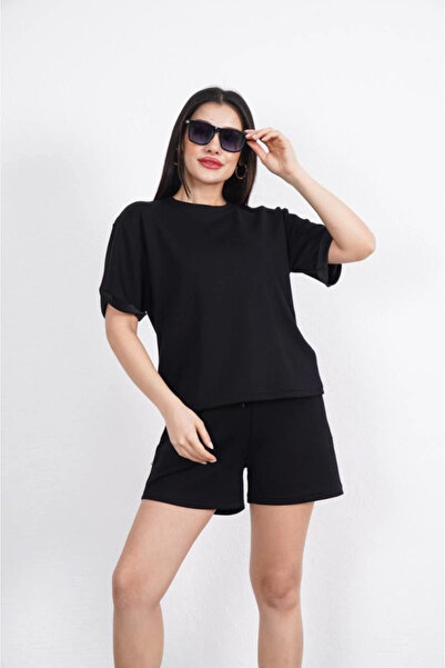 Modayakamoz Eyesof Osy Modal Soft Textured Fabric Crew Neck T-Shirt Short Shorts Two-Piece Set - Black