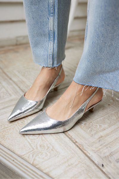 ANGELİNA JONES Mesali Women's Silver Snake Pattern Mini Heel Shoes