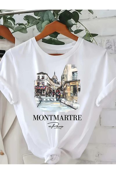 Pink Sky Cotton Oversize Montmartre Paris Street View Short Sleeve Crew Neck Comfortable Casual T-Shirt