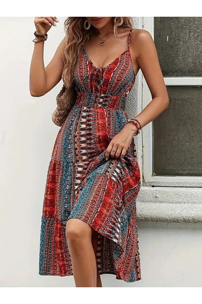 TUA MODA Tua Moda Women's Rope Strap V-Neck Lace-Up Elastic Waist Patterned Single Jersey Dress