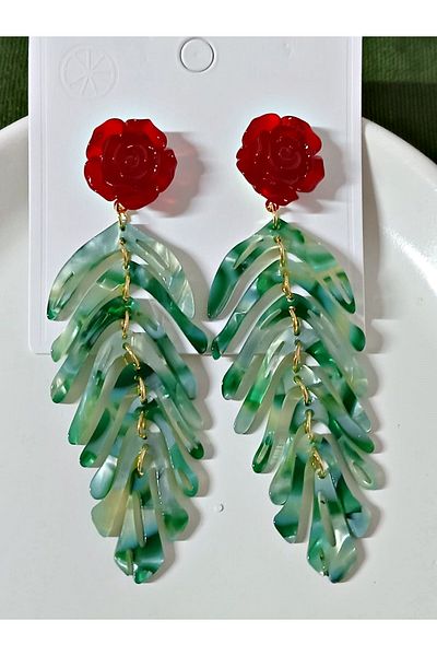 mos&more Resin Green Leaf Long Cool Earrings for Women