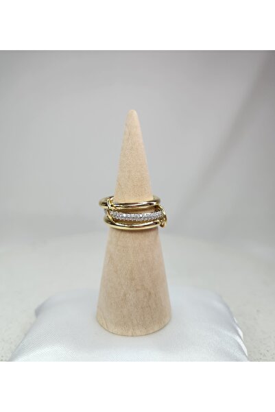 mos&more Çelik 3 Lü Halka Elegance Gold Taşlı Zincir Yüzük, Tek Ebat