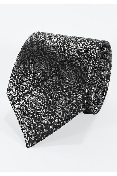 BLC Basic Line Co. Microfiber Tie and Handkerchief Set with Grey Vintage Motif on Black Background - 7 cm Modern Cut