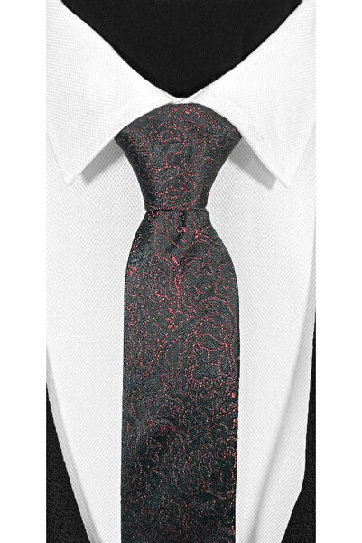 BLC Basic Line Co. Γραβάτα μικροϊνών με μοτίβο μπορντό σε μαύρο φόντο - 7 cm Moderin Cut