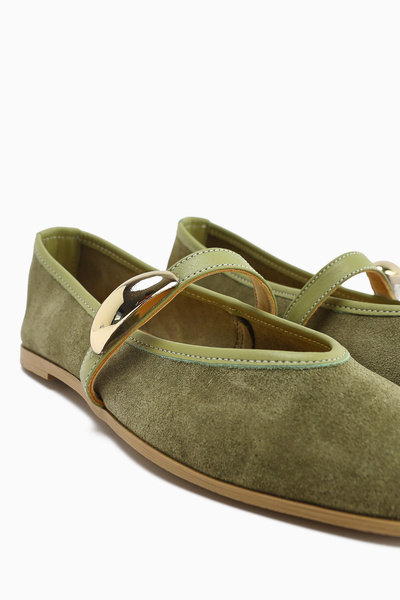 Limoya Genuine Leather Aliana Khaki Suede Women's Ballerinas with Buckle Detail