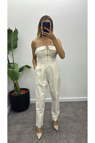 Acar Boutique Fermuarlı Straplez Keten Tulum