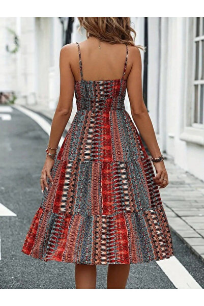 Viyamo New Season Women's Rope Strap V-Neck Lace-Up Elastic Waist Patterned Single Jersey Dress