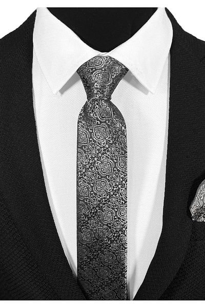 BLC Basic Line Co. Microfiber Tie and Handkerchief Set with Grey Vintage Motif on Black Background - 7 cm Modern Cut