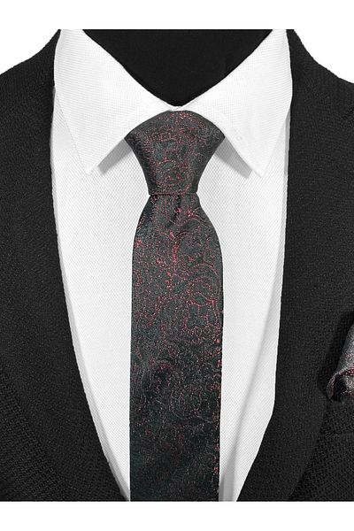 BLC Basic Line Co. Microfiber Tie with Burgundy Paisley on Black Background - 7 cm Moderin Cut