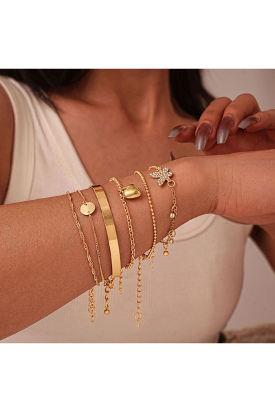 Girift Vintage Elva 6 Pieces Chain Heart Detailed Gold Bracelet
