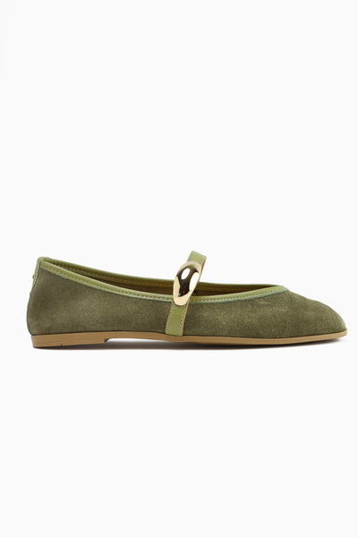 Limoya Genuine Leather Aliana Khaki Suede Women's Ballerinas with Buckle Detail