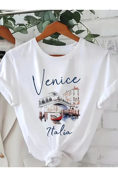 Pink Sky Cotton Oversize Venice Italia Landscape Short Sleeve Crew Neck Comfortable Casual T-Shirt