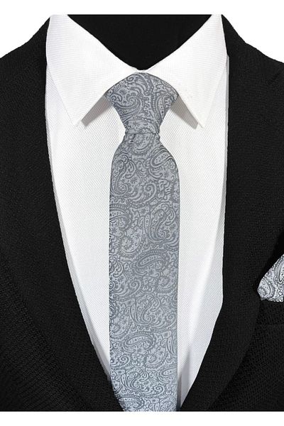 BLC Basic Line Co. Light & Dark Gray Paisley Microfiber Tie and Handkerchief Set - 7 cm Modern Cut