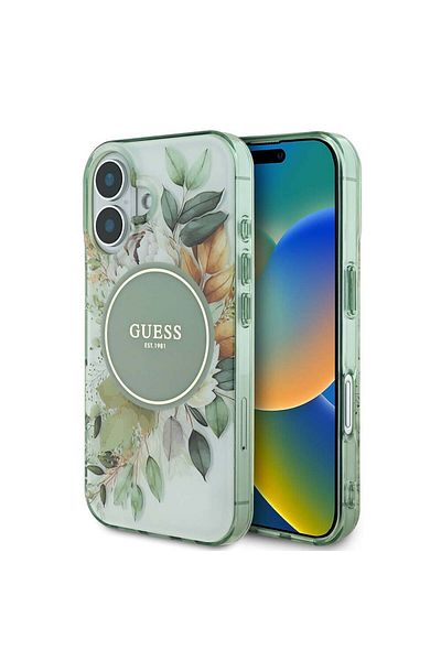 Guess Case for iPhone 16 Plus - Guess IML Flower & Tonal Circle MagSafe (GUHMP16MHFWBDCEN) - Green