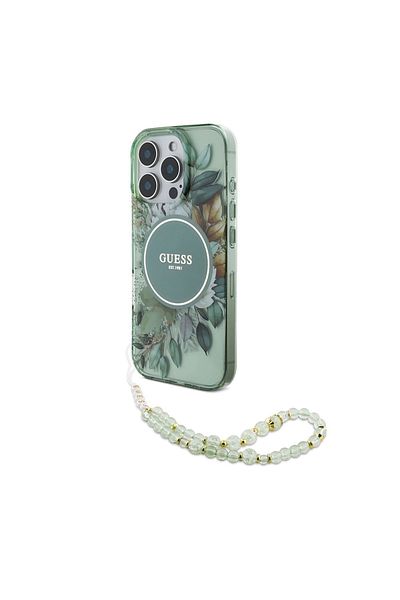 Guess Case for iPhone 16 Pro - Guess IML Flowers with Pearl Strap MagSafe (GUHMP16LHFWBRCESN) - Green
