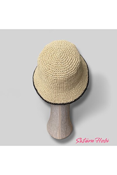 Satürn Hobi Örgü Hasır İp Ekru Siyah Detaylı Unisex Kova Şapka