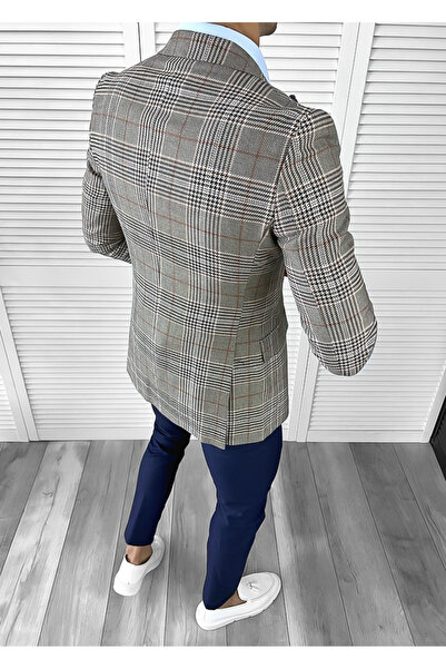 dehaine Sacou pentru barbati, slim fit, in carouri, 1041, maro