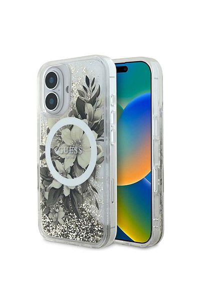 Guess Case for iPhone 16 - Guess Liquid Glitter Flower MagSafe (GUHMP16SLFMWTE) - Beige