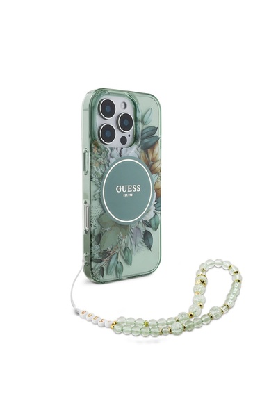 Guess Husă pentru iPhone 16 Pro - Guess IML Flowers cu curea din perle MagSafe (GUHMP16LHFWBRCESN) - Verde