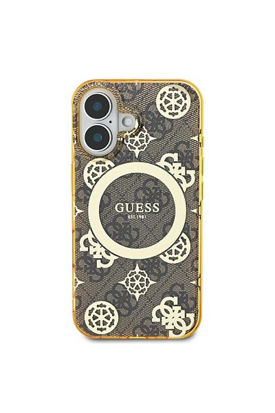 Guess Carcasă pentru iPhone 16 - Guess IML Bujor pe fundal 4G MagSafe (GUHMP16SH4PYEEW) - Maro