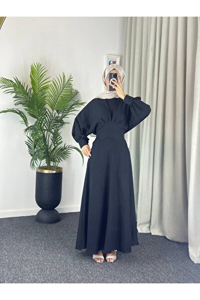 Esre Store 4535 - Keten Tesettür Elbise Siyah