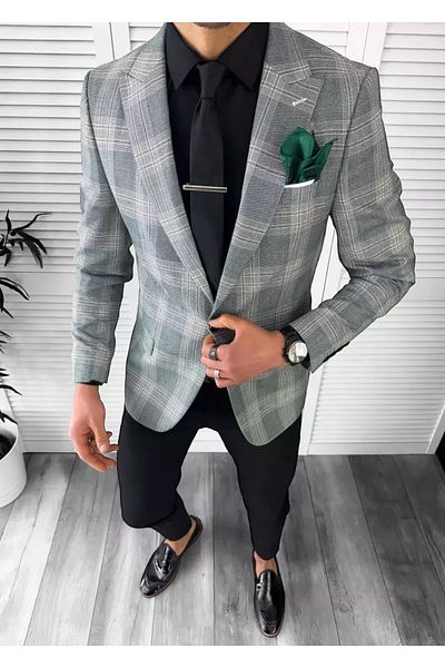 dehaine Sacou pentru barbati, slim fit, in carouri, 11811, verde