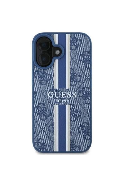 Guess Carcasă pentru iPhone 16 - Guess Hardcase 4G cu dungi imprimate MagSafe (GUHMP16SP4RPSB) - Albastră