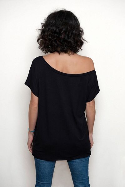 SİSTERS2HC Women's Black Single Shoulder Low-cut Boat Neck Viscose Mercerized Fabric T-shirt