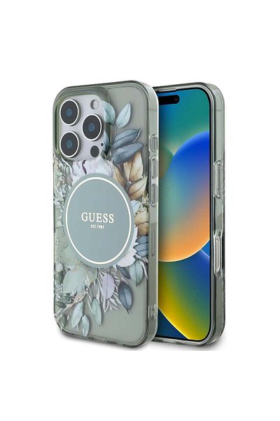 Guess Case for iPhone 16 Pro - Guess IML Flower & Tonal Circle MagSafe (GUHMP16LHFWBDCEN) - Green