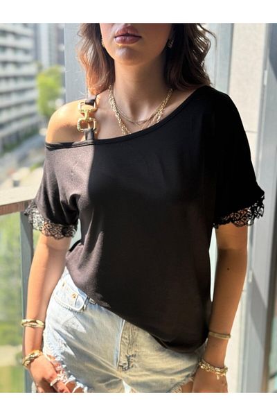 MRA Fashion Women's One Shoulder Strap Short Sleeve Buckle Detailed Lace Viscose Blouse