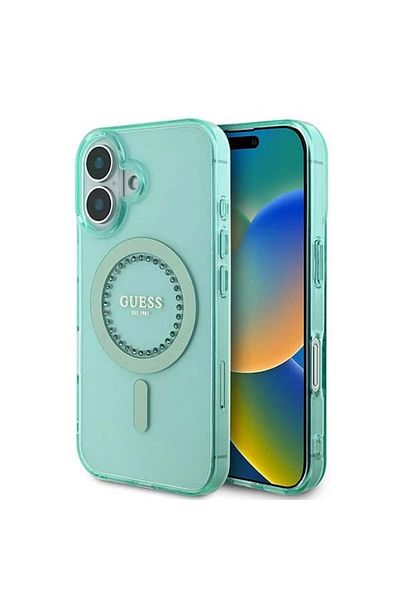 Guess Case for iPhone 16 Plus - Guess IML Rhinestones MagSafe (GUHMP16MPFTDTEN) - Green