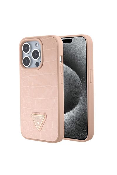 Guess IPhone 15 Pro Max Case - Guess Croco Triangle Metal Logo (GUHCP15XPCRTHCP) - Pink