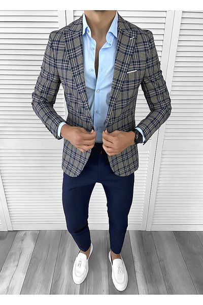 dehaine Sacou pentru barbati, slim fit, in carouri, 11620, bleumarin