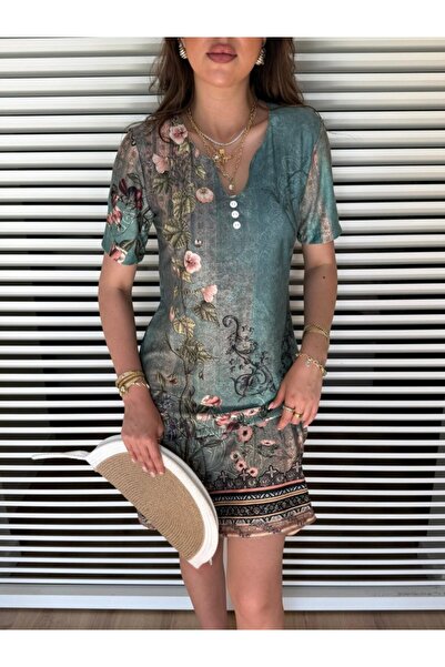 ARONA munn collection Дамска рокля с къс ръкав, V-образно деколте, флорален п...