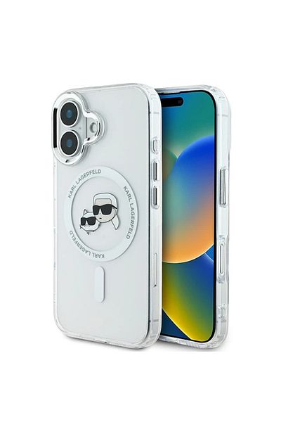 Karl Lagerfeld Case for iPhone 16 - Karl Lagerfeld IML MagSafe (KLHMP16SHLSKCH) - White Metal Karl&Choupette Head