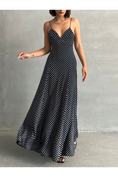 BEJNA Schwarzes gepunktetes Maxikleid für Damen mit Trägern