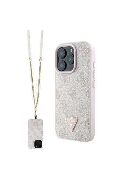 Guess Case for iPhone 16 Pro - Guess Leather Metal Logo Strass Crossbody (GUHCP16LP4TDSCPP) - Pink