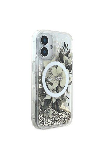 Guess Θήκη για iPhone 16 Pro - Guess Liquid Glitter Flower MagSafe (GUHMP16LLFMWTE) - Μπεζ