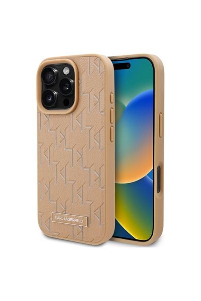 Karl Lagerfeld Husă pentru iPhone 16 Pro Max - Karl Lagerfeld din piele MagSafe (KLHMP16XPKHPORPE) - Ștampilare la cald bej