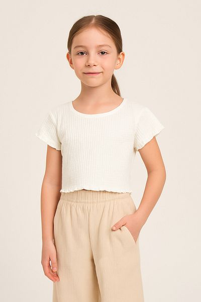 wakawakakidsstore Tricou cu mânecă scurtă pentru fetiță, alb texturat