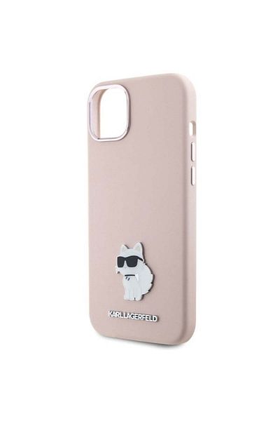 Karl Lagerfeld Carcasă pentru iPhone 15 Plus - Karl Lagerfeld Silicon (KLHCP15MSMHCNPP) - Broșă metalică Choupette roz