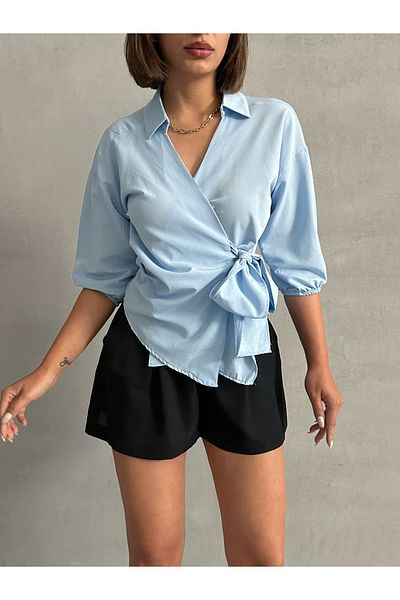 BEJNA Blaues Hemd mit seitlichem Schnürverschluss für Damen